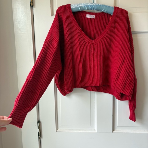 vestique Sweaters - Vestique Cherry Red Slouchy Cropped V-Neck Sweater